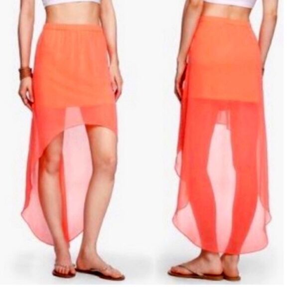 Express Sheer High Low Neon Orange Skirt Sz Small - Picture 2 of 8